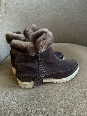 Chocolate Suede Faux-Fur Cuff Ankle Boots in Dark Brown